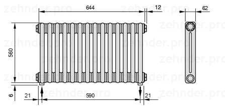 Схема (чертеж) Радиатор Zehnder Charleston 2056/14 №5310 Белый глянцевый RAL 9016